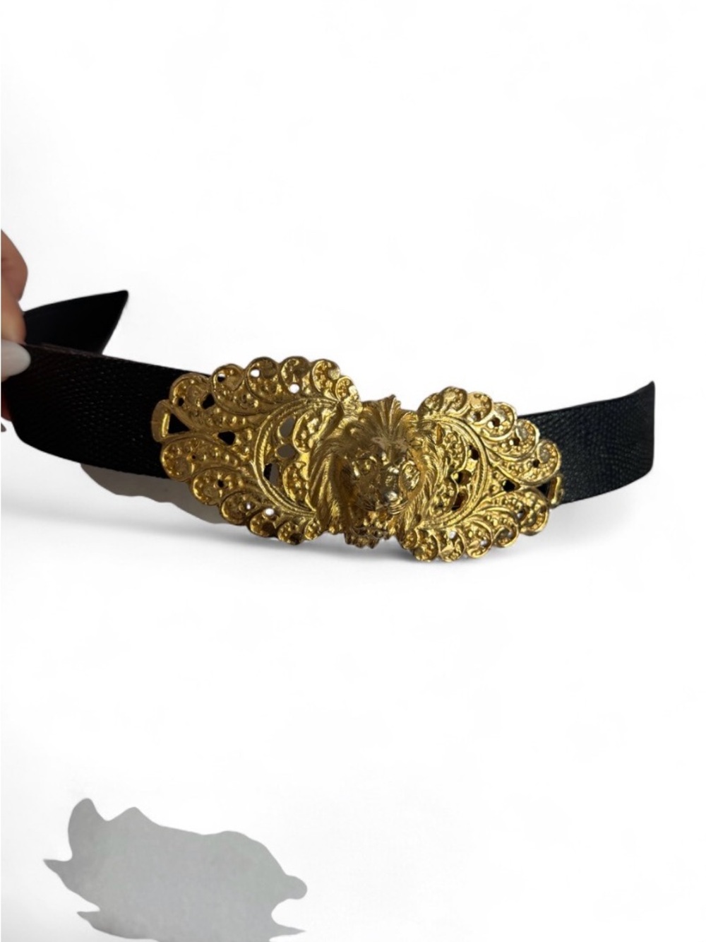Gold Lion Medallion Black Elastic Belt - Unbranded